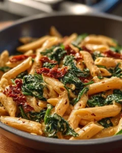 Delicious spinach tomato pasta dish with vibrant colors and fresh ingredients
