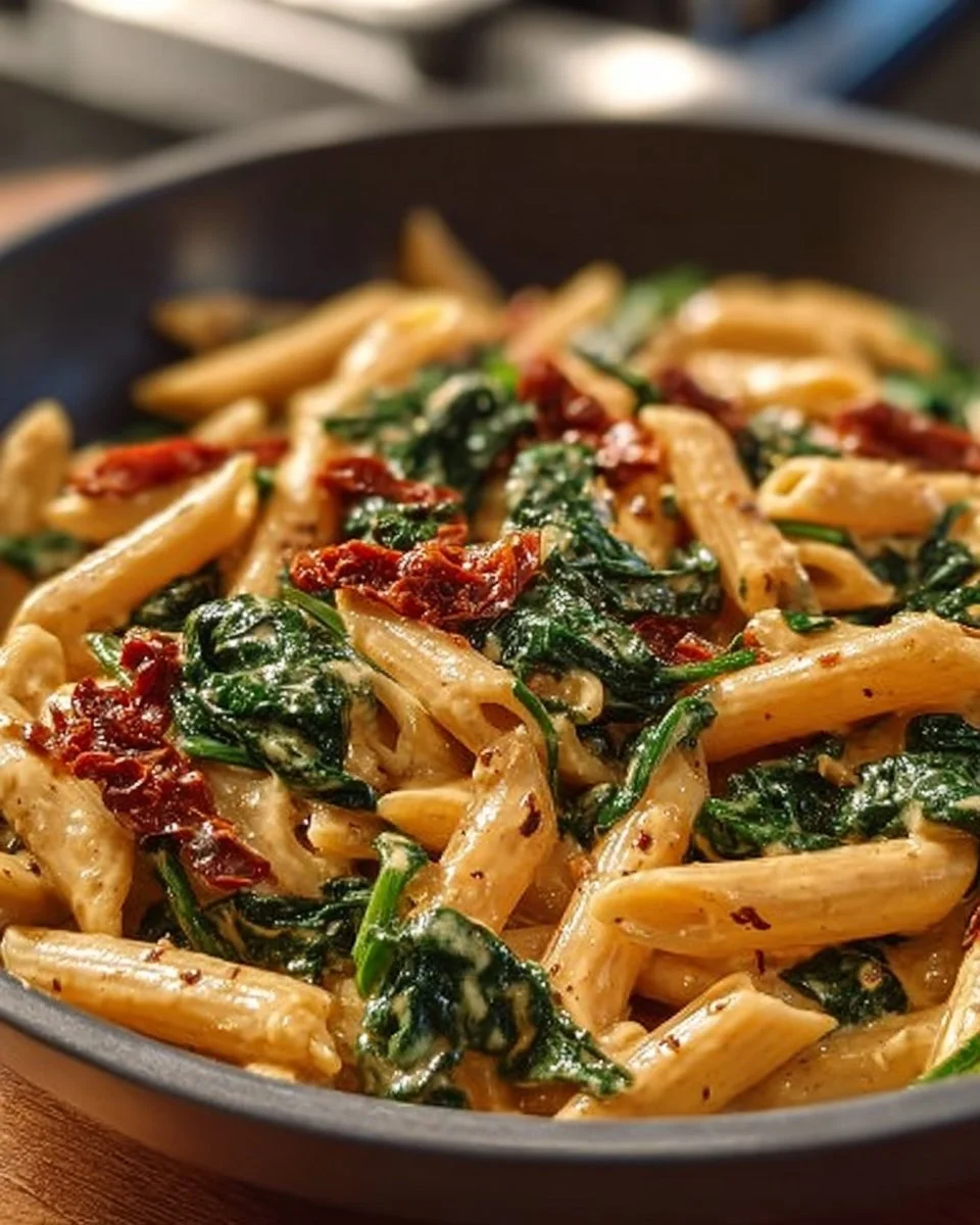 Delicious spinach tomato pasta dish with vibrant colors and fresh ingredients