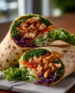 Thai Peanut Chicken Wraps filled with fresh veggies and tasty sauce