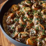 Creamy mushroom sauce served over a perfectly cooked steak