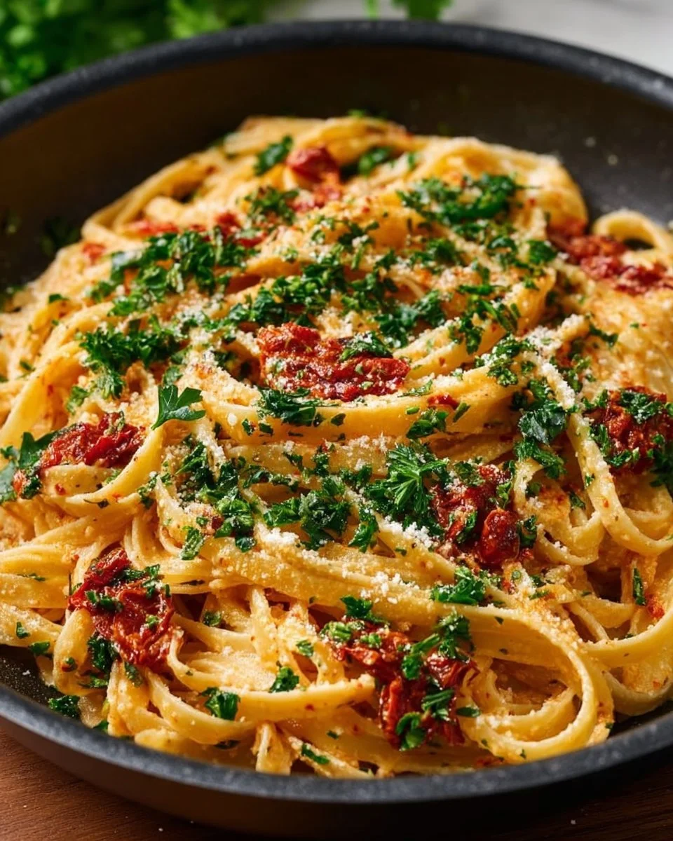 Vegan creamy sun dried tomato pasta served in a bowl with fresh herbs