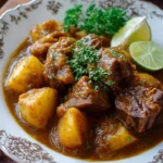 A bowl of hearty Arabian lamb stew garnished with herbs and spices.