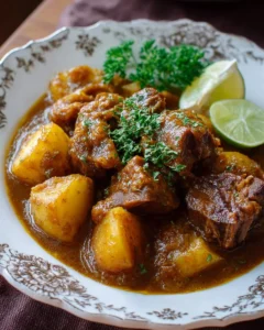 A bowl of hearty Arabian lamb stew garnished with herbs and spices.