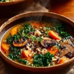 Bowl of Autumn Wild Rice Soup with vegetables and herbs