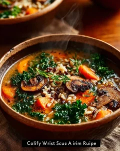Bowl of Autumn Wild Rice Soup with vegetables and herbs