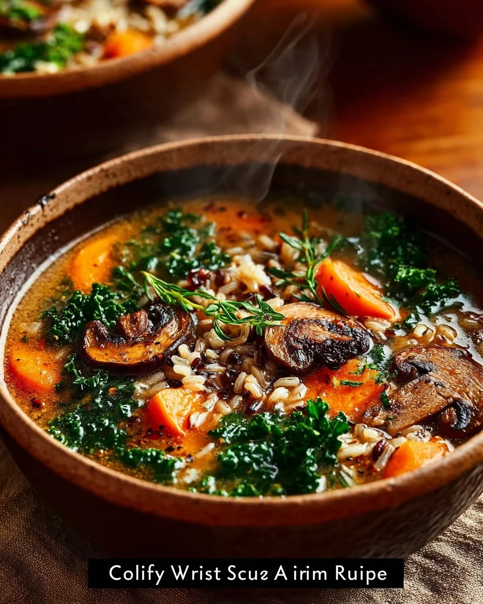 Bowl of Autumn Wild Rice Soup with vegetables and herbs