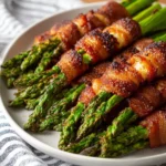 Oven-baked Bacon Wrapped Asparagus on a white plate