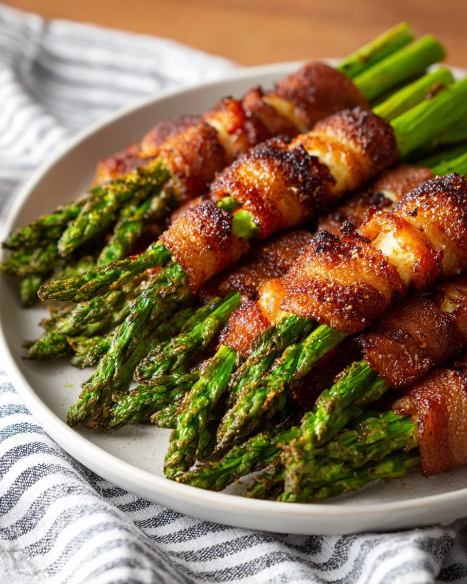 Oven-baked Bacon Wrapped Asparagus on a white plate