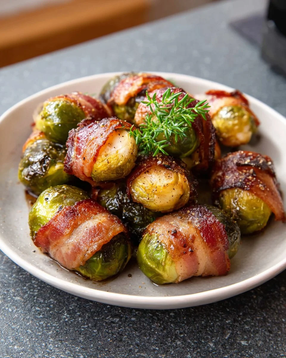 Bacon-Wrapped Brussels Sprouts served on a platter