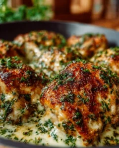 Baked cream cheese chicken dish served on a plate with herbs and spices.