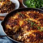 Delicious Baked French Onion Risotto with melted cheese and caramelized onions