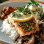 Baked lemon chicken served with creamy mushroom sauce on a plate