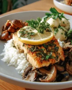 Baked lemon chicken served with creamy mushroom sauce on a plate