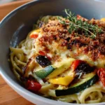 Baked ratatouille with melty cheese served in a vibrant dish.