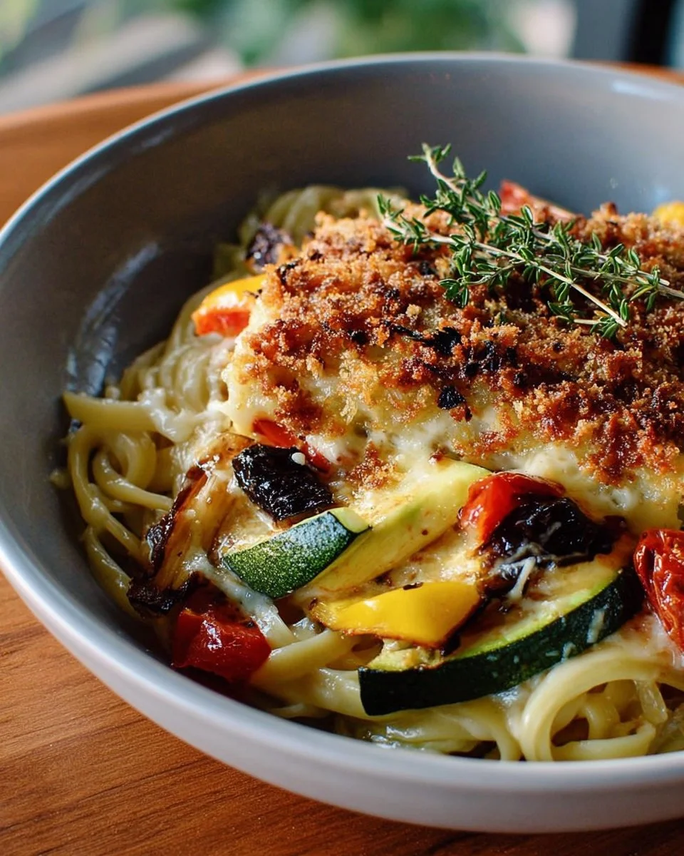 Baked ratatouille with melty cheese served in a vibrant dish.