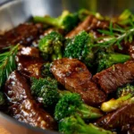 A bowl of beef and broccoli stir fry with vibrant vegetables and tender beef slices
