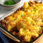 Beef and potato casserole served in a baking dish with melted cheese on top