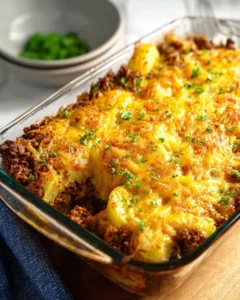Beef and potato casserole served in a baking dish with melted cheese on top