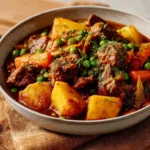 Delicious beef and vegetable stew in a rustic bowl with fresh herbs on top.