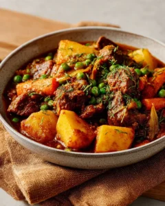 Delicious beef and vegetable stew in a rustic bowl with fresh herbs on top.