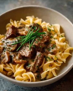 Delicious beef stroganoff with tender beef and creamy mushroom sauce