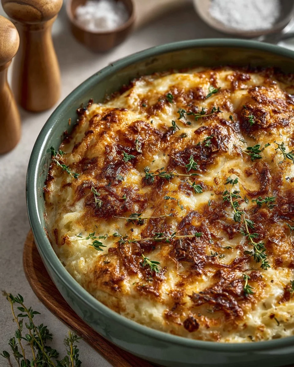 Delicious Caramelized Onion Gratin Potatoes in a creamy, cheesy dish