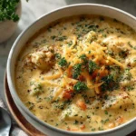 Bowl of creamy cheesy cauliflower soup garnished with herbs