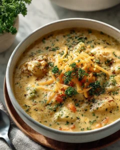 Bowl of creamy cheesy cauliflower soup garnished with herbs
