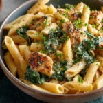 Cheesy chicken and spinach pasta dish garnished with herbs