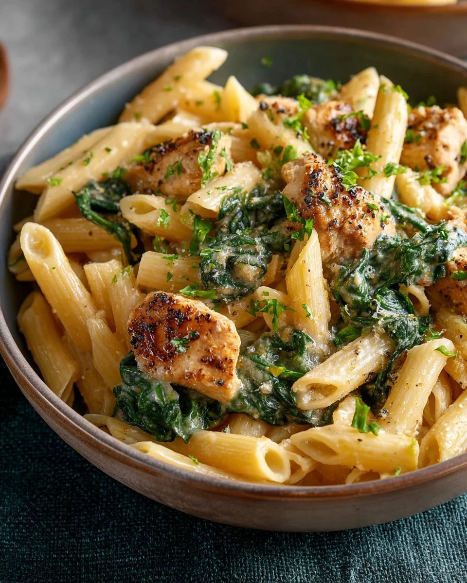 Cheesy chicken and spinach pasta dish garnished with herbs