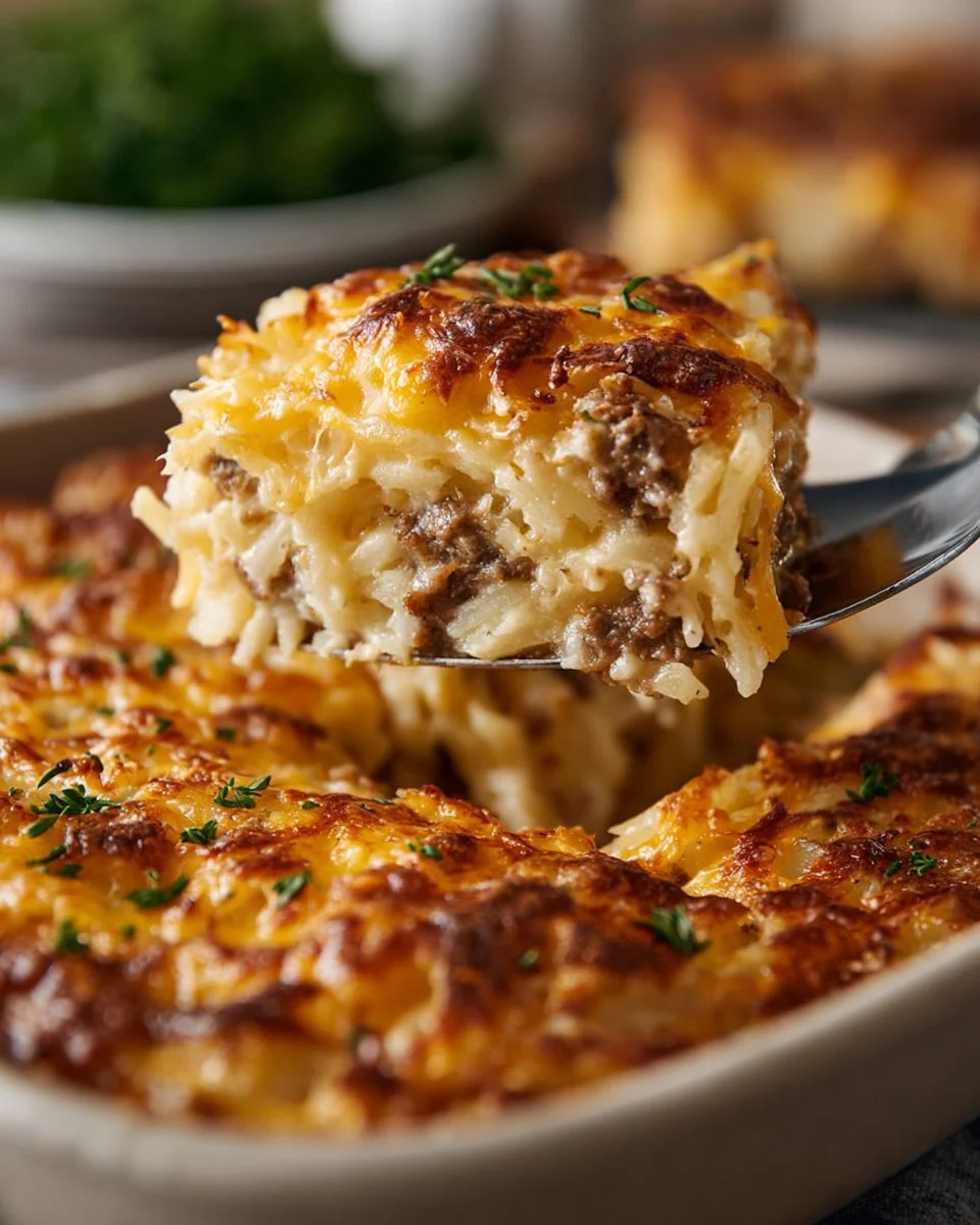 Cheesy hamburger hashbrown casserole dish ready to be served.