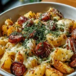 Cheesy potato and sausage bake served in a casserole dish