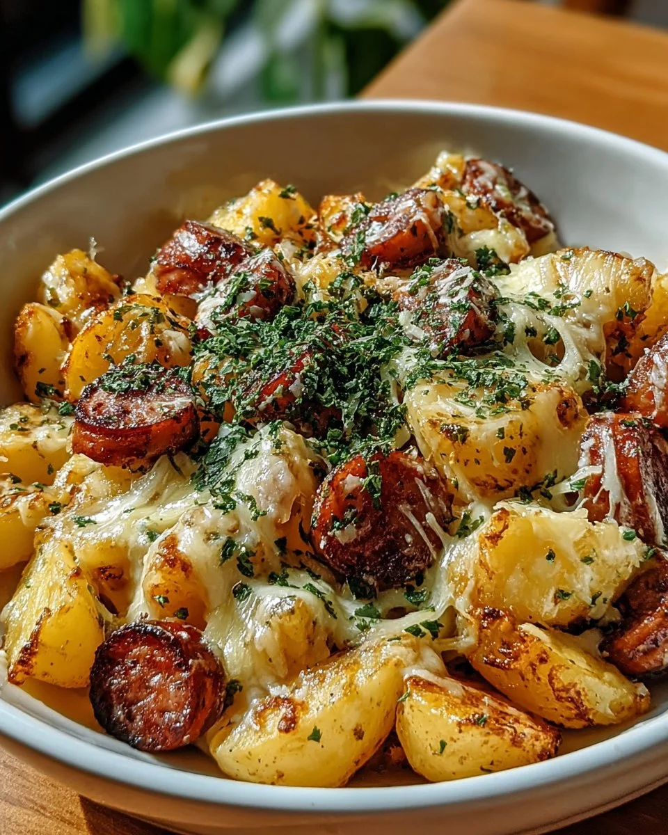 Cheesy potato and sausage bake served in a casserole dish