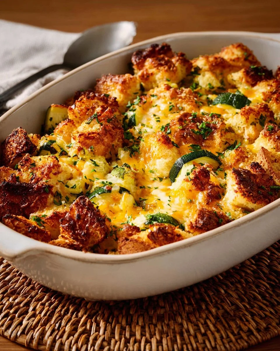 Cheesy zucchini casserole topped with melted cheese and herbs, ready to serve