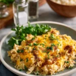 Delicious chicken rice casserole with vegetables, baked to perfection.