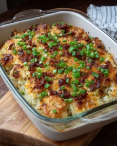 Delicious Chicken Hashbrown Casserole topped with cheese and herbs