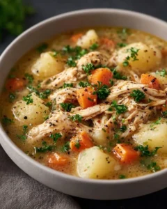 Creamy Chicken Pot Pie Soup in a bowl garnished with herbs and vegetables