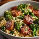 Plate of Chicken Sausage and Broccoli Orzo garnished with fresh herbs