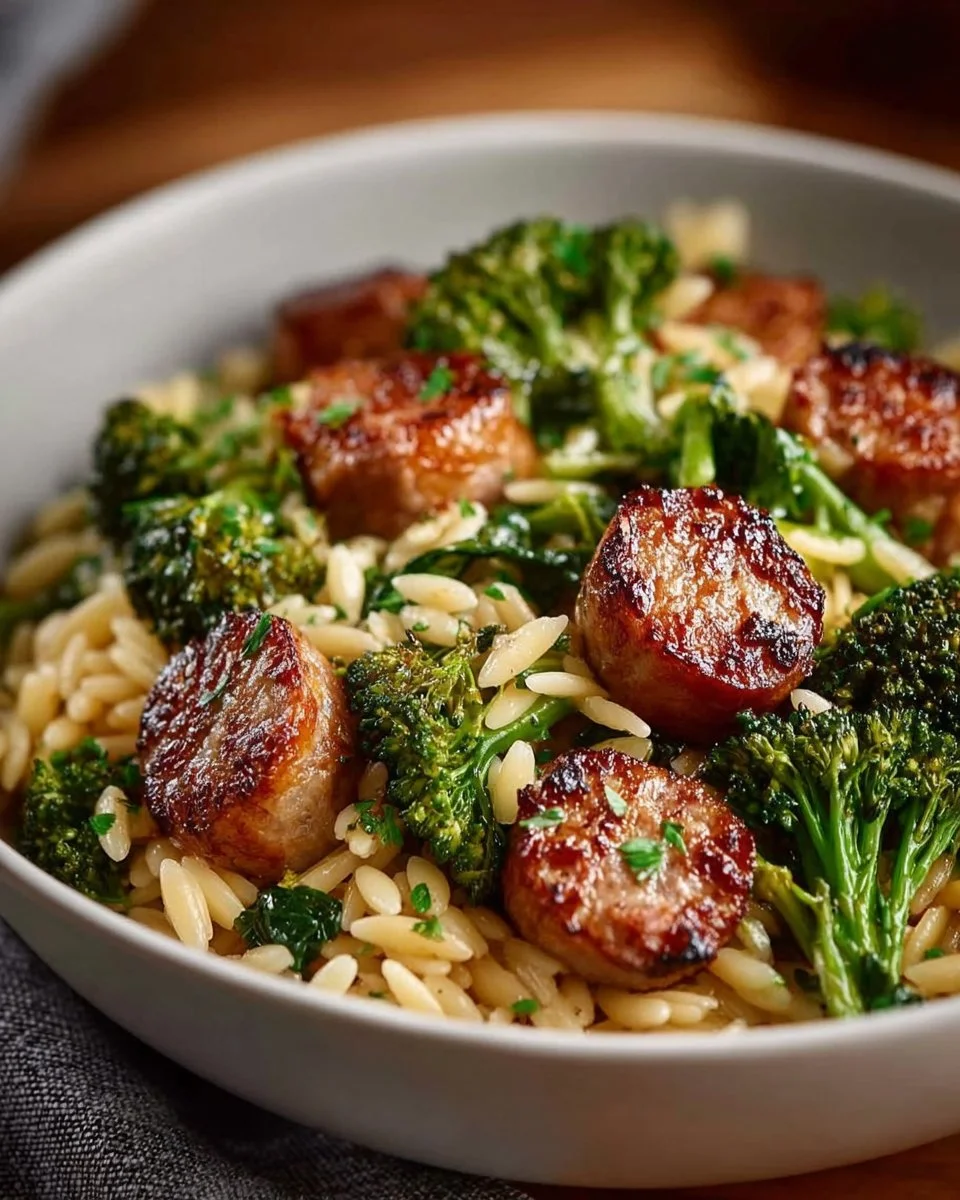 Plate of Chicken Sausage and Broccoli Orzo garnished with fresh herbs