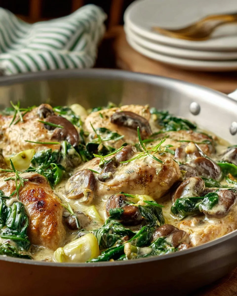 Delicious chicken with spinach and mushrooms served on a plate