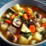 Delicious chunky meat and vegetable soup in a bowl garnished with fresh herbs.