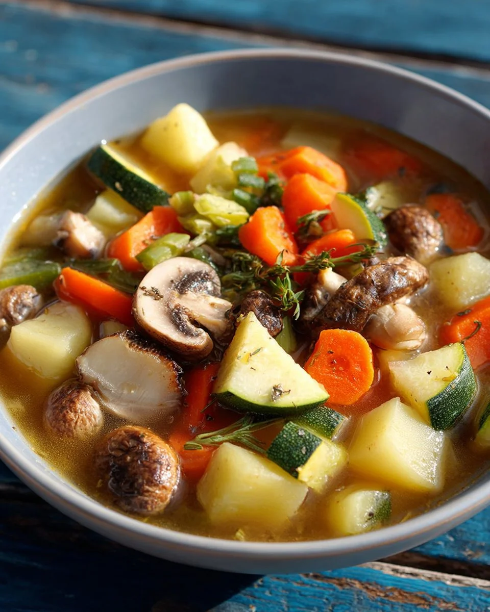 Delicious chunky meat and vegetable soup in a bowl garnished with fresh herbs.