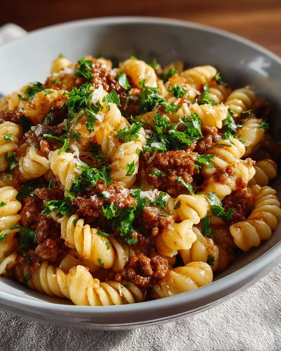 Delicious Classic Beefaroni Casserole topped with cheese and herbs