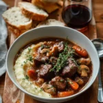 Delicious bowl of Classic French Beef Burgundy served with vegetables.