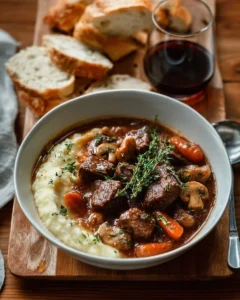 Delicious bowl of Classic French Beef Burgundy served with vegetables.