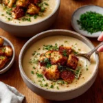 Bowl of creamy cauliflower potato soup topped with herbs.