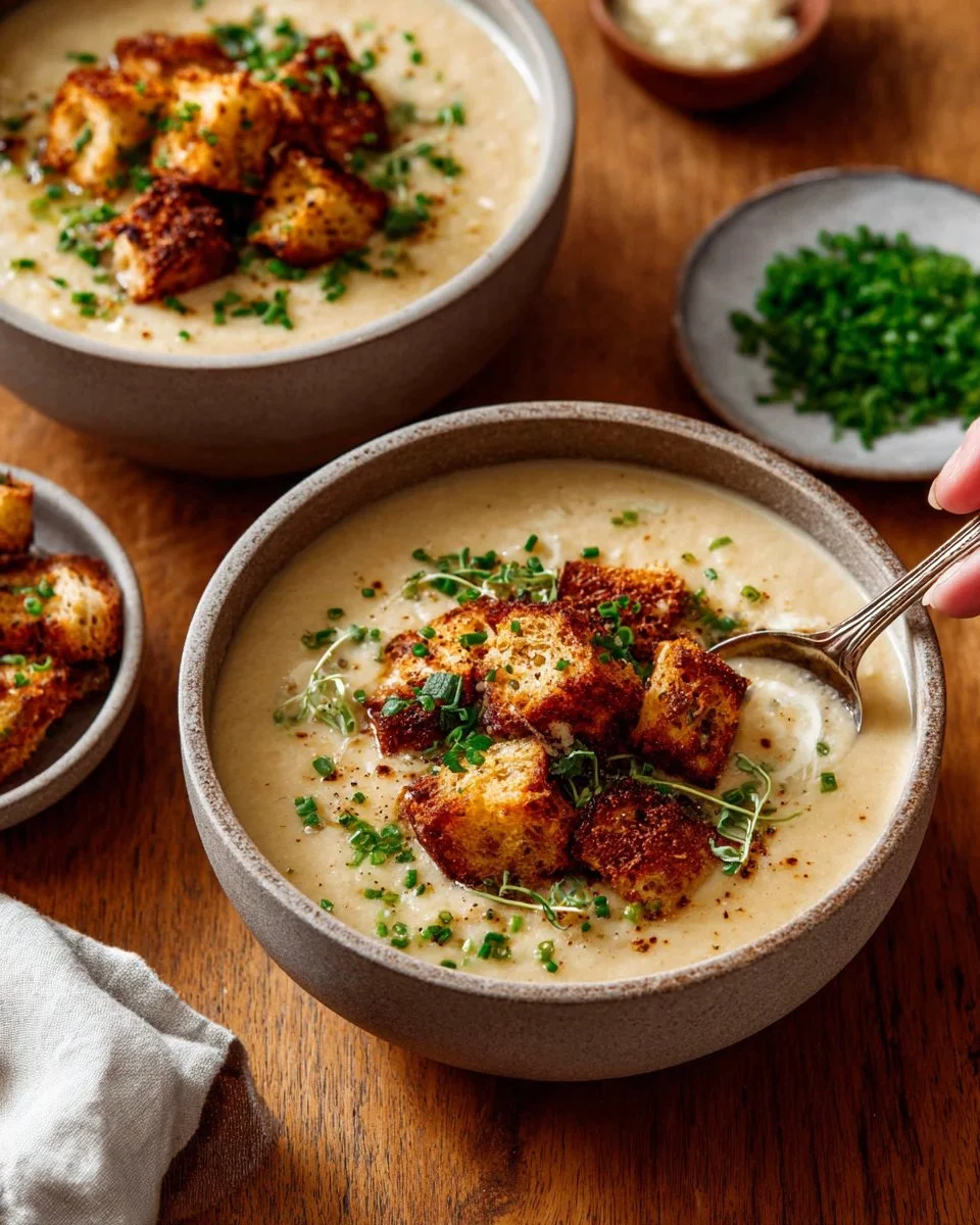 Bowl of creamy cauliflower potato soup topped with herbs.