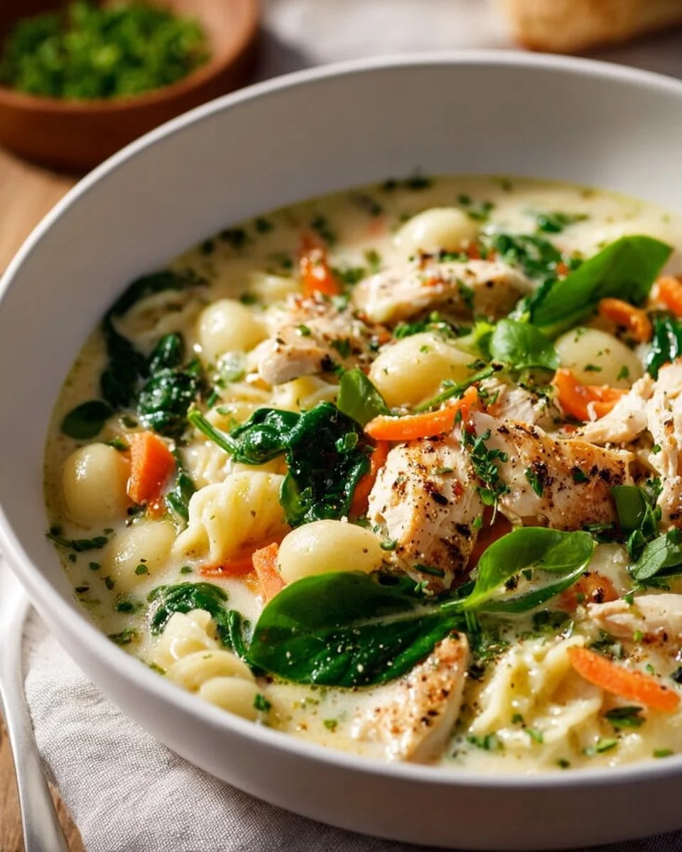 Bowl of creamy Chicken Gnocchi Soup with vegetables and herbs