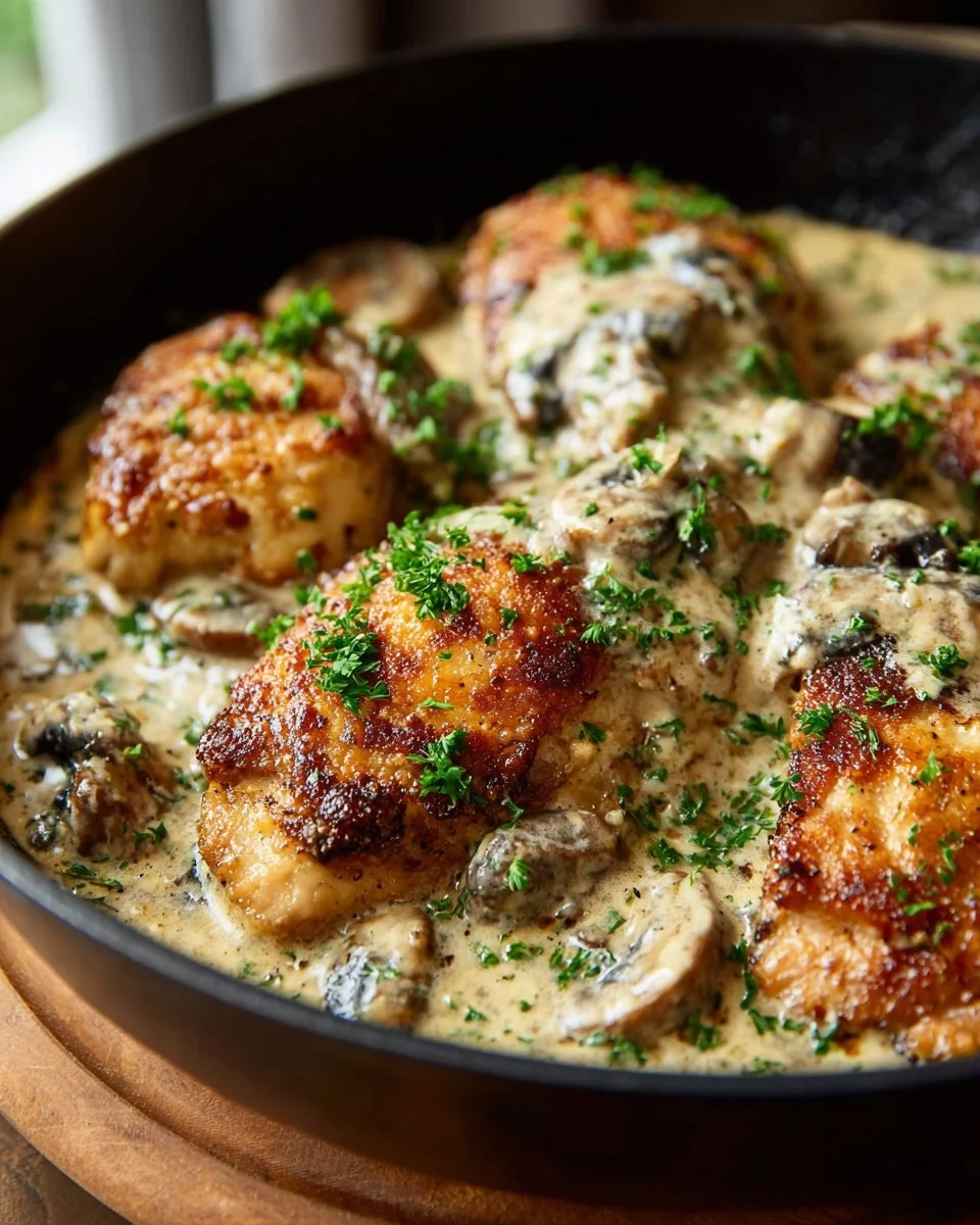 Delicious creamy garlic mushroom chicken served on a plate