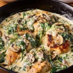 Creamy garlic pork chops served on a plate with herbs and spices.